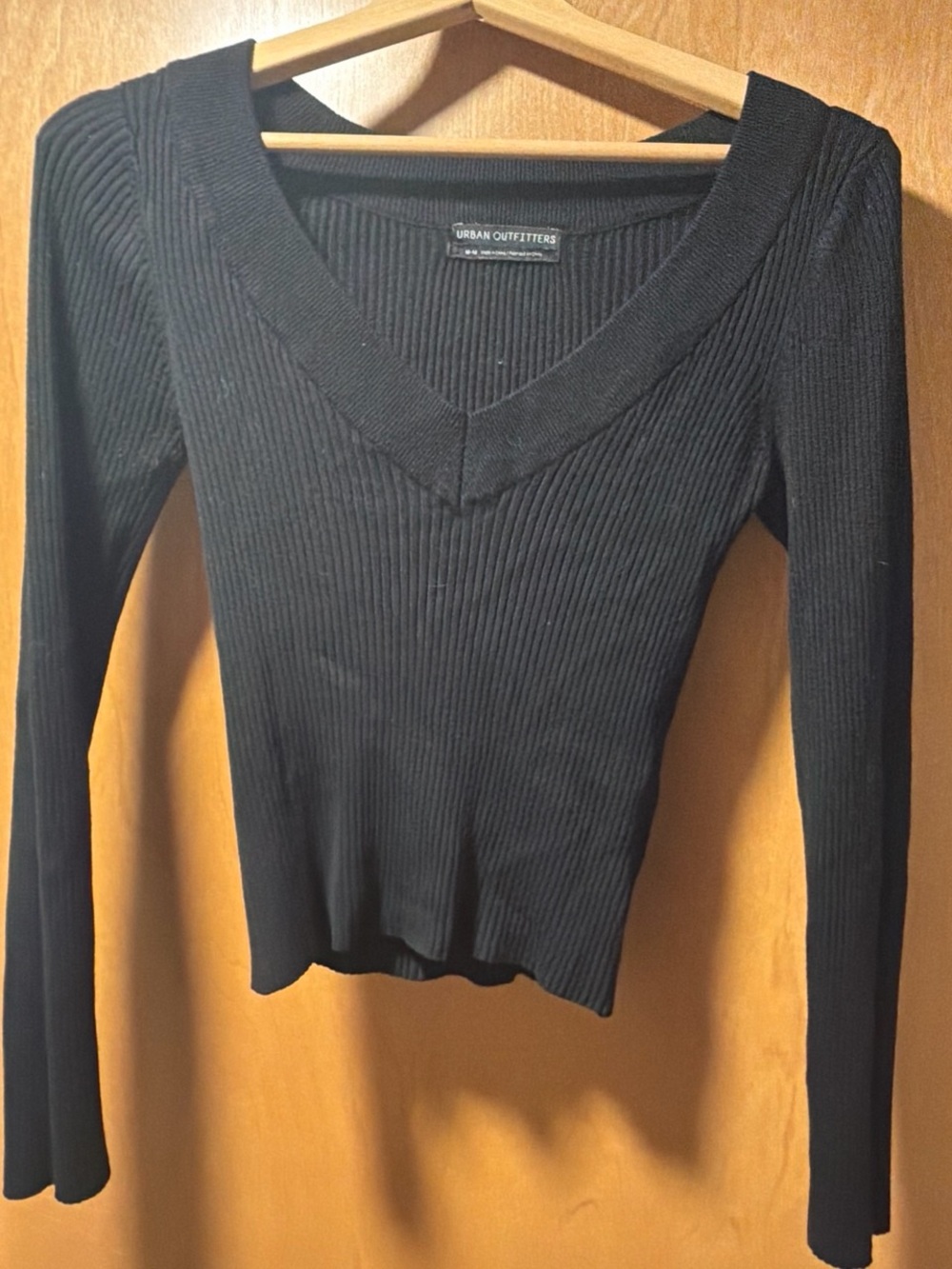 Urban Outfitters Black Ribbed V-Neck Long Sleeve Top - Slim Fit